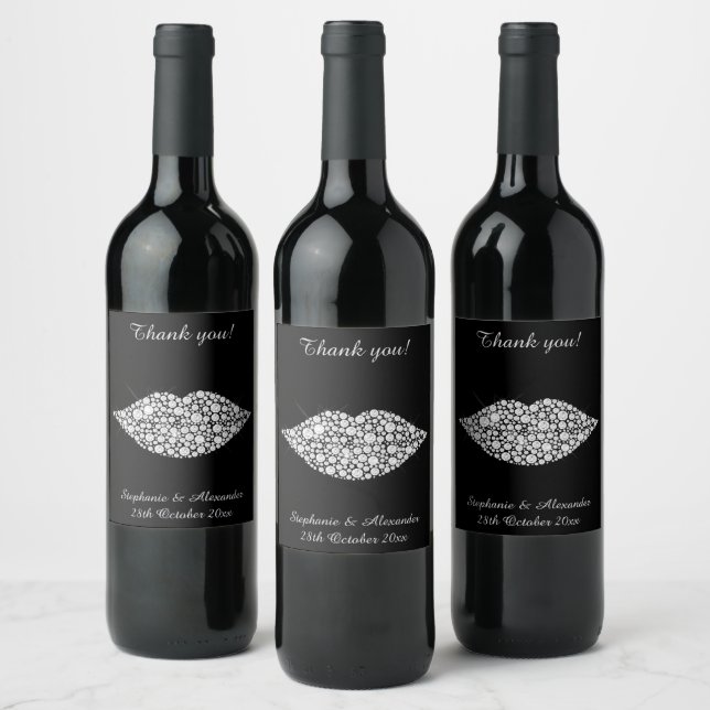 ELEGANT BLACK SILVER KISSING DIAMOND WINE LABEL (Bottles)