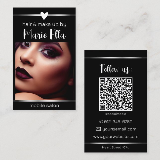 Elegant Black Silver Lines Photo QR Code Template  Business Card (Front/Back)