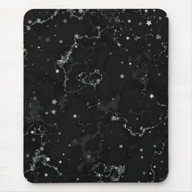 Elegant Black Silver Marble Stars Mouse Pad (Front)