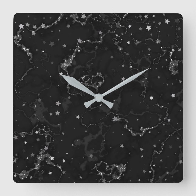 Elegant Black Silver Marble Stars Square Wall Clock (Front)