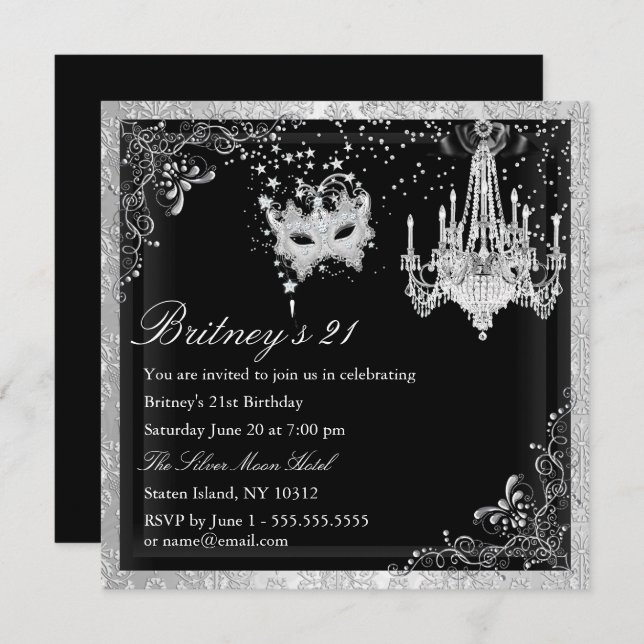 Elegant Black Silver Masquerade 21st Invite (Front/Back)