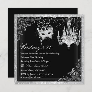 Elegant Black Silver Masquerade 21st Invite