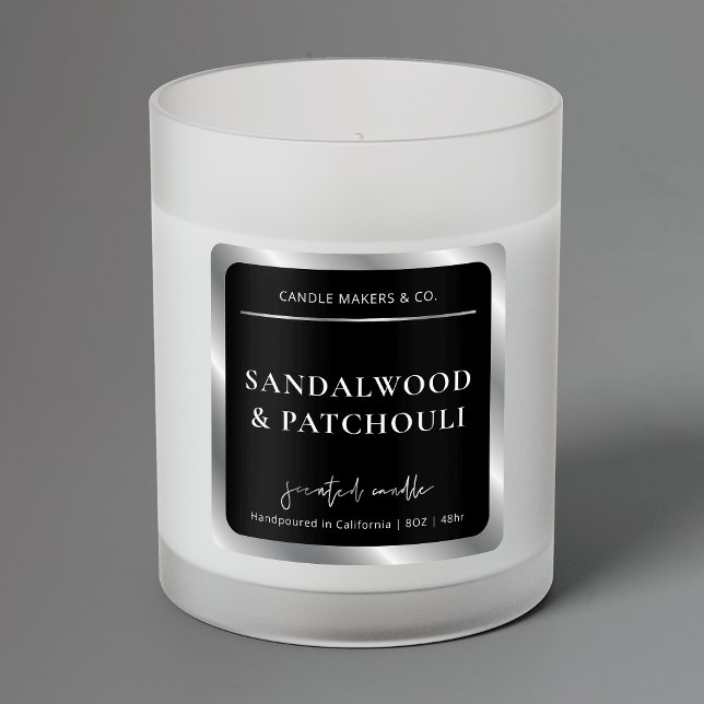 Elegant Black & Silver Modern Candle Jar Packaging Square Sticker (Black and silver effect product labels, great for candle jars, diffusers, boxes and more )