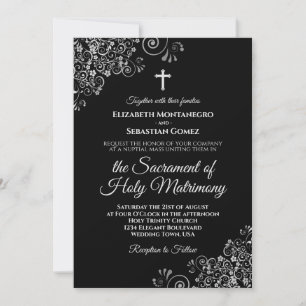 Elegant Black & Silver Modern Catholic Wedding Invitation