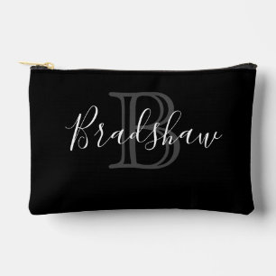 Elegant Black Silver Monogram Custom Name  Accessory Pouch