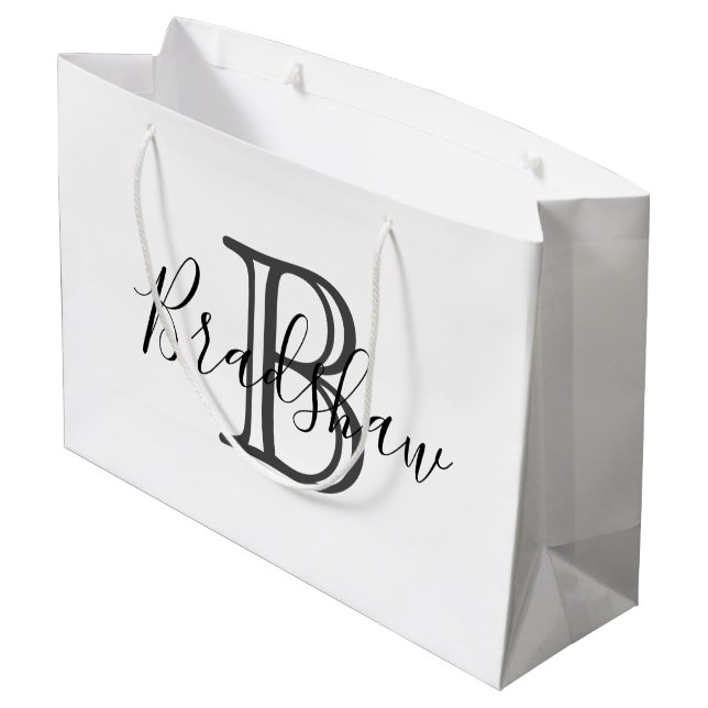 Elegant Black Silver Monogram Custom Name  Large Gift Bag (Back Angled)