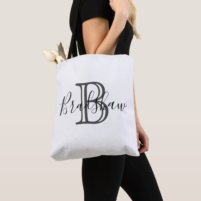 Elegant Black Silver Monogram Custom Name  Tote Bag (Close Up)