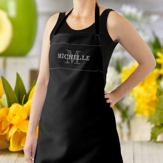 Elegant Black Silver Monogram Name Personalised Apron (Creator Uploaded)