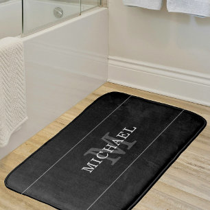 Elegant Black Silver Monogram Name Personalised Bath Mat
