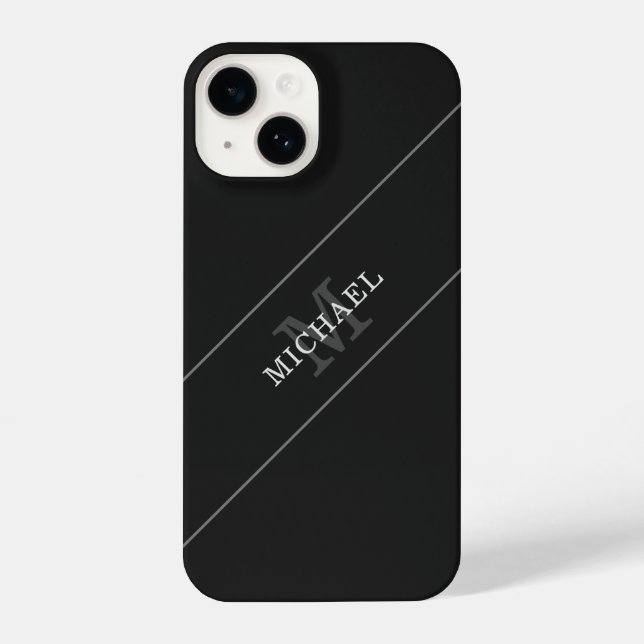 Elegant Black Silver Monogram Name Personalised iPhone Case (Back)