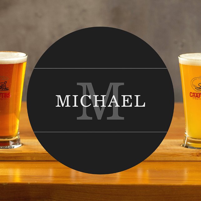 Elegant Black Silver Monogram Name Personalised Round Paper Coaster (Creator Uploaded)