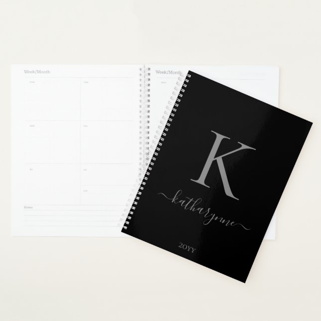 Elegant Black Silver Monogram Name Planner (Display)