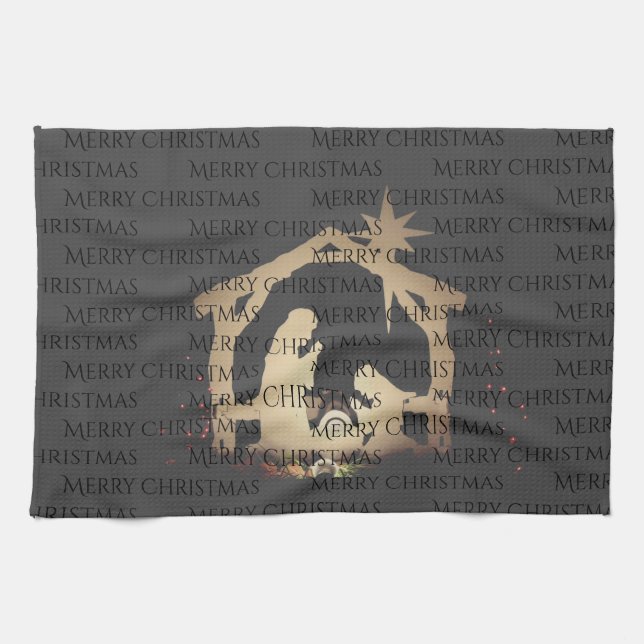 Elegant Black Silver Nativity Merry Christmas  Tea Towel (Horizontal)
