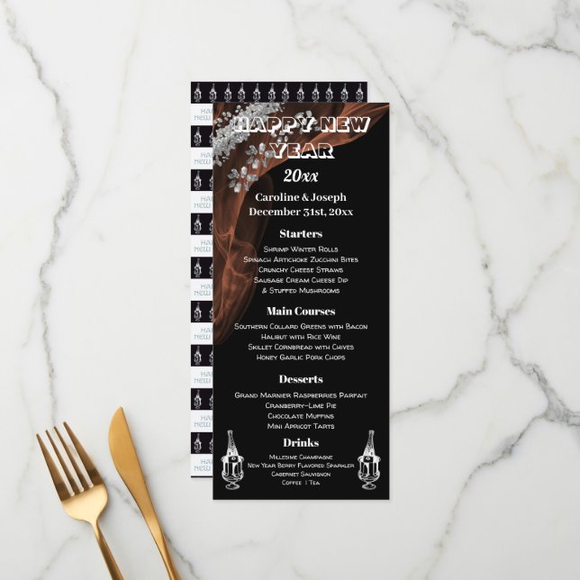 Elegant Black Silver New Year Menu & Champagne (Front/Back In Situ)