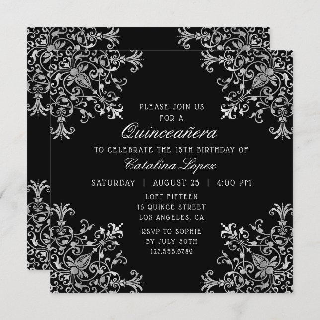 Elegant Black Silver Ornate Floral Quinceañera Invitation (Front/Back)