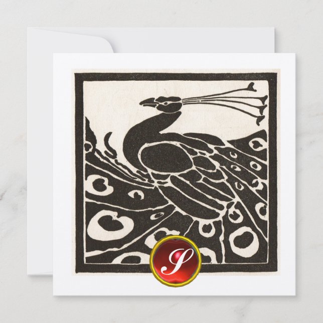 ELEGANT BLACK SILVER PEACOCK,RED RUBY GEM MONOGRAM INVITATION (Front)