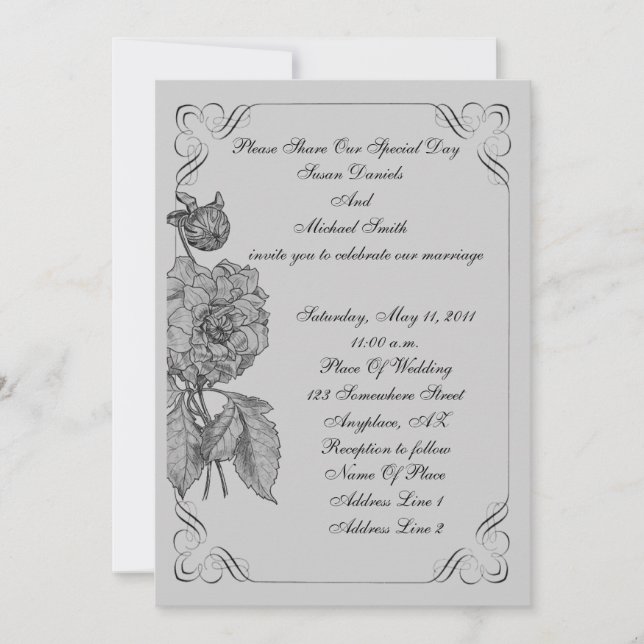 Elegant Black Silver Peony Flower Wedding  Invitation (Front)