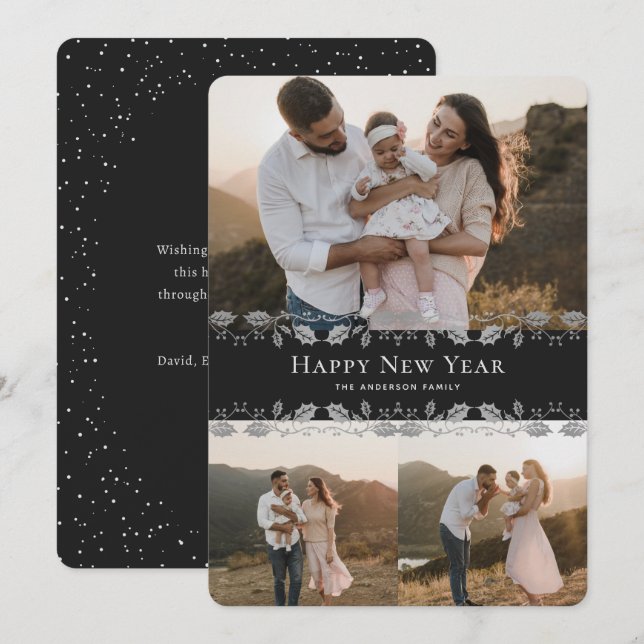 Elegant Black Silver Photo Happy New Year Card (Front/Back)
