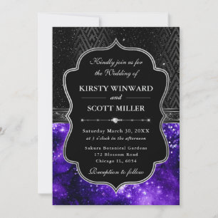 Elegant Black Silver Purple Galaxy Glitter Wedding Invitation