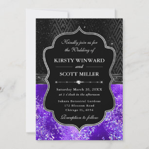 Elegant Black Silver Purple Glitter Wedding Invitation