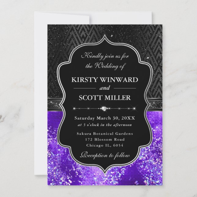 Elegant Black Silver Purple Glitter Wedding Invitation (Front)