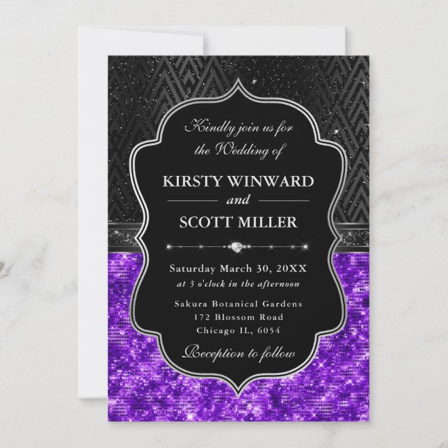 Elegant Black Silver Purple Sequin Glitter Wedding Invitation (Front)