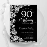 Elegant Black Silver Roses 90th Birthday Party Invitation<br><div class="desc">Black silver floral 90th birthday party invitation. Elegant design featuring roses,  faux silver foil and typography script font. Trendy invite card perfect for a stylish female bday celebration. Can be customised to any age. Printed Zazzle invitations or instant download digital printable template.</div>