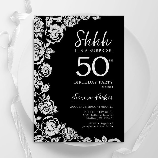 Elegant Black Silver Roses Surprise 50th Birthday Invitation (Creator Uploaded)
