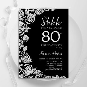Elegant Black Silver Roses Surprise 80th Birthday Invitation