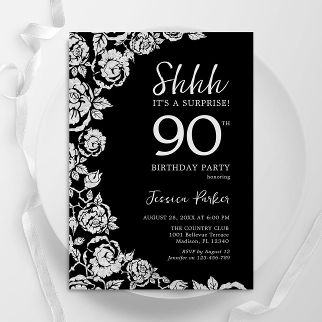 Elegant Black Silver Roses Surprise 90th Birthday Invitation (Creator Uploaded)
