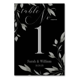 Elegant Black & Silver Script Eucalyptus Leaves Table Number