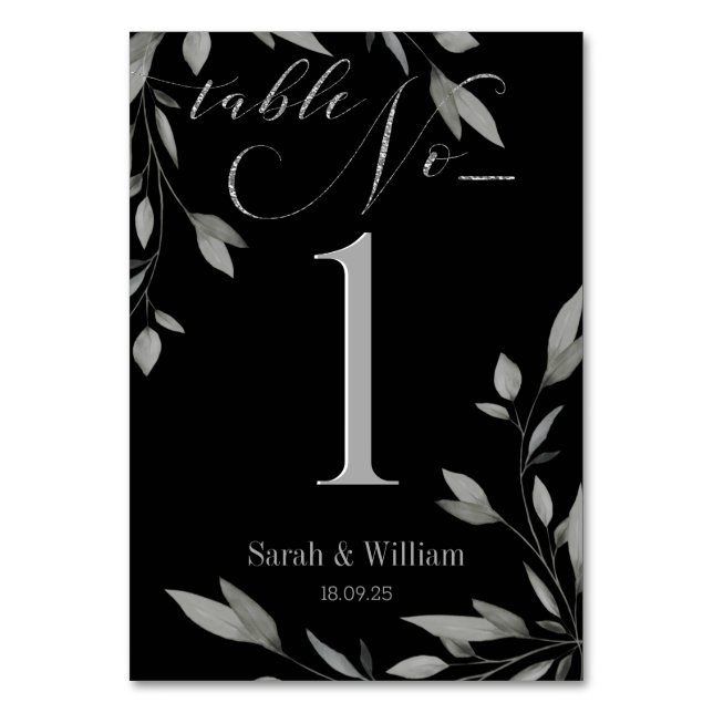 Elegant Black & Silver Script Eucalyptus Leaves Table Number (Front)