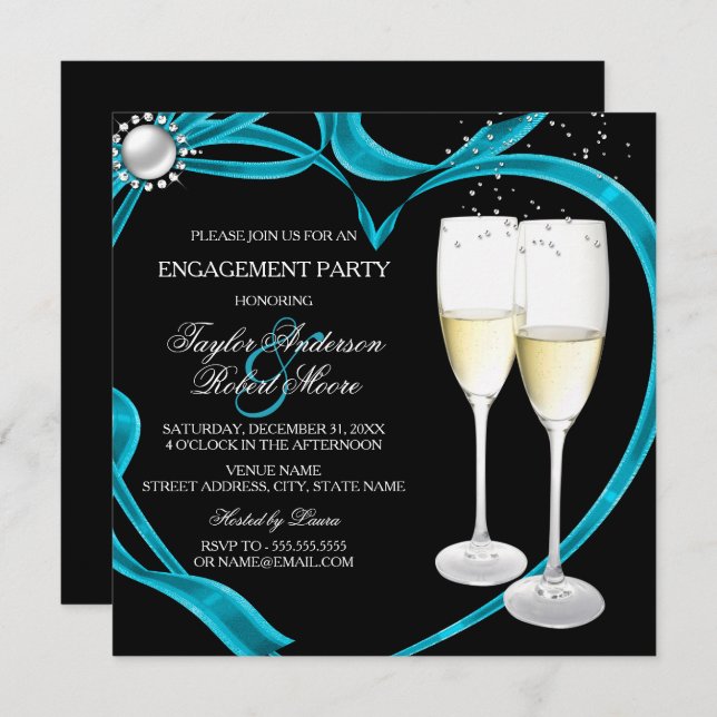 Elegant Black Silver & Teal Engagement Party Invitation (Front/Back)