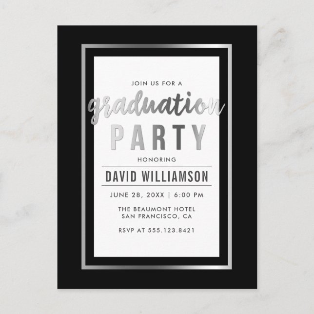Elegant Black & Silver Typography Graduation Party Invitation Postcard (Front)