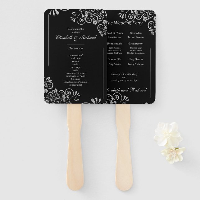Elegant Black Silver  Wedding Ceremony Program Hand Fan (Front and Back)