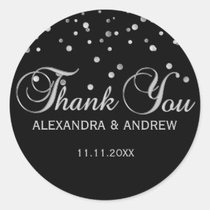 Elegant Black Silver Wedding Thank You Classic Round Sticker