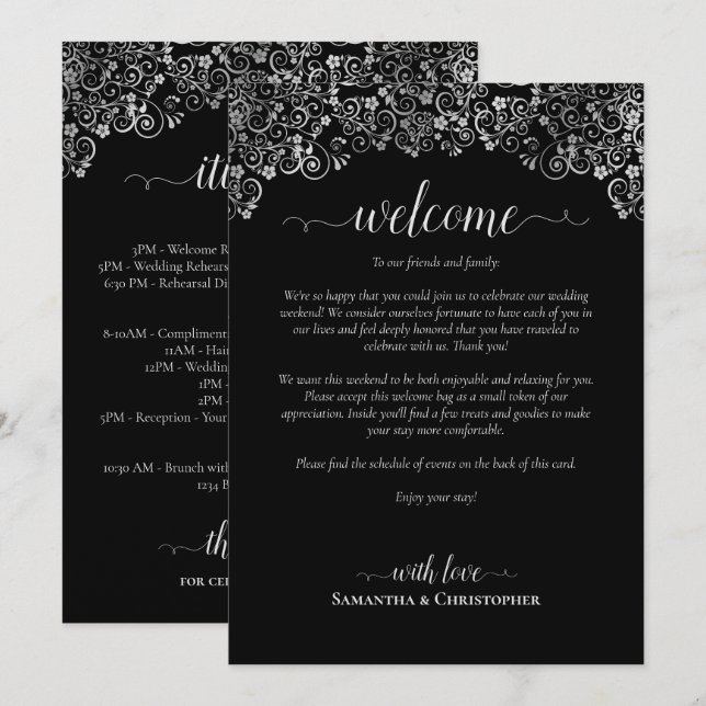 Elegant Black & Silver Wedding Welcome & Itinerary Program (Front/Back)