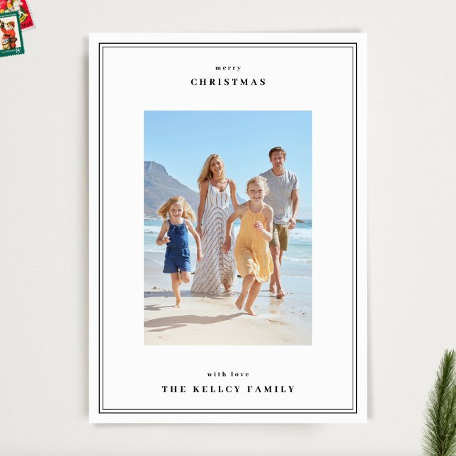 Elegant Black Simple Framed 3 Photo Christmas Holiday Card (Creator Uploaded)