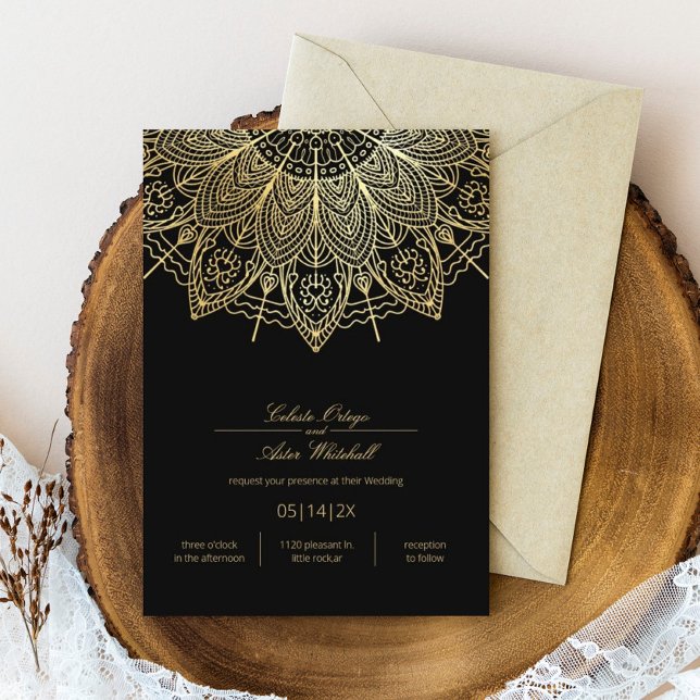Elegant Black Simple Gold Mandala Wedding Invitation (Creator Uploaded)