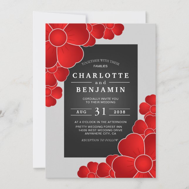 Elegant Black Sliver and Red Floral Wedding Invitation (Front)
