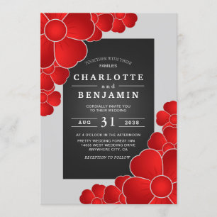 Elegant Black Sliver and Red Floral Wedding Invitation