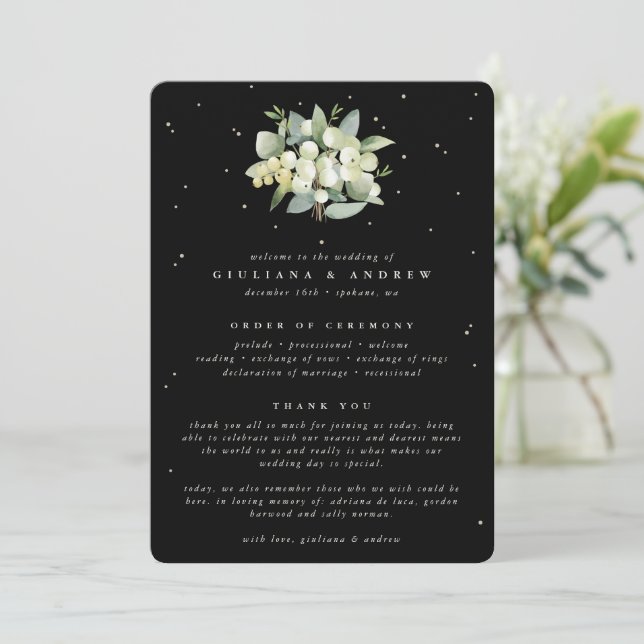 Elegant Black Snowberry+Eucalyptus Bouquet Wedding Program (Standing Front)
