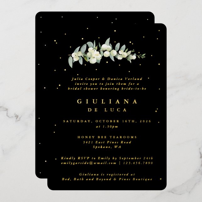 Elegant Black Snowberry+Eucalyptus Bridal Shower (Front/Back)