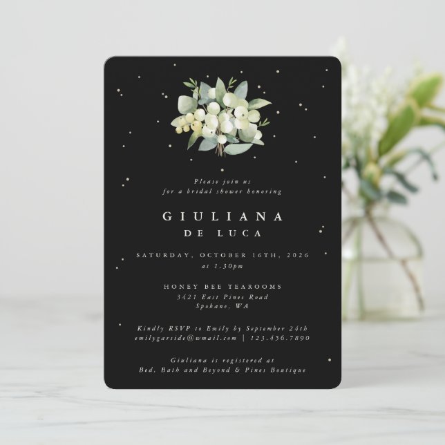 Elegant Black Snowberry+Eucalyptus Bridal Shower Invitation (Standing Front)