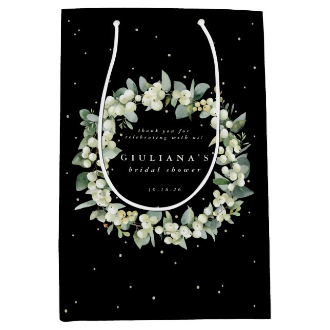 Elegant Black Snowberry+Eucalyptus Bridal Shower Medium Gift Bag (Front)