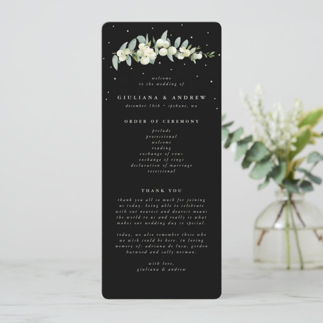 Elegant Black Snowberry+Eucalyptus Stem Wedding Program (Standing Front)