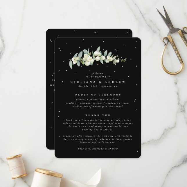Elegant Black Snowberry+Eucalyptus Stem Wedding Program (Front/Back In Situ)