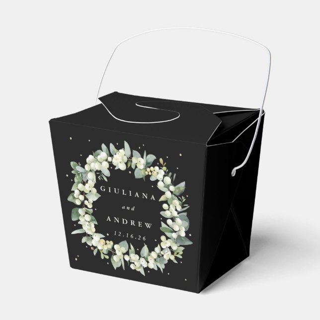 Elegant Black Snowberry+Eucalyptus Winter Wedding Favour Box (Front Side)