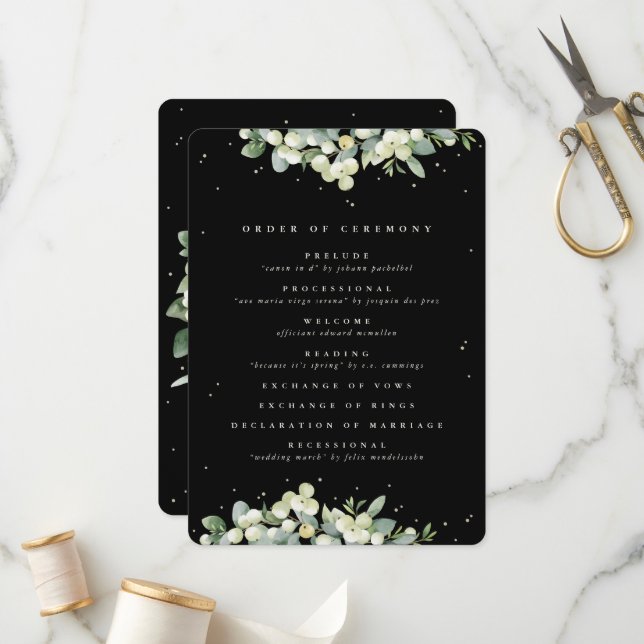 Elegant Black Snowberry+Eucalyptus Winter Wedding Program (Front/Back In Situ)