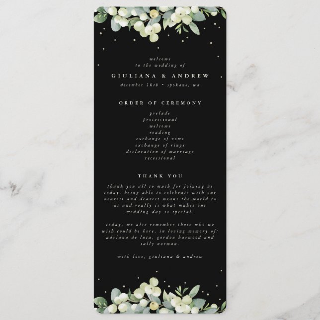 Elegant Black Snowberry+Eucalyptus Winter Wedding Program (Front)